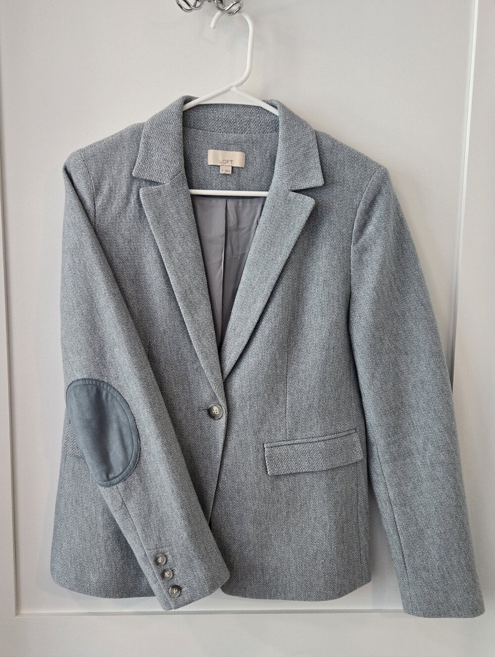 Loft Pale Blue Elbow Patch Herringbone Cotton Knit Blazer Sz 4